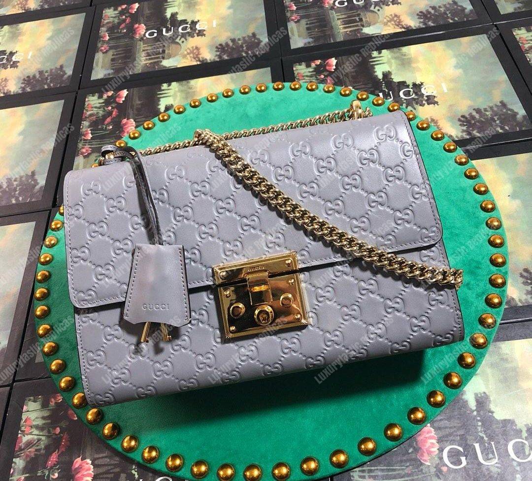 G*u*i padlock medium signature shoulder bag dusty gray