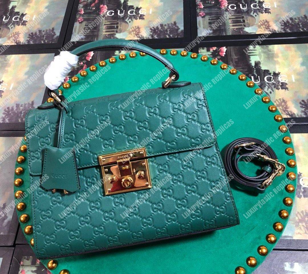 G*u*i padlock small signature top handle bag emerald green