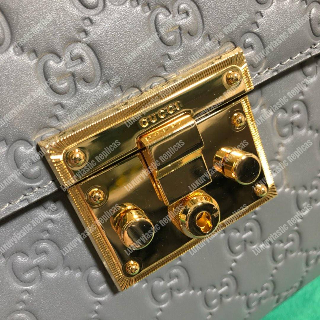 G*u*i padlock small signature top handle bag gray