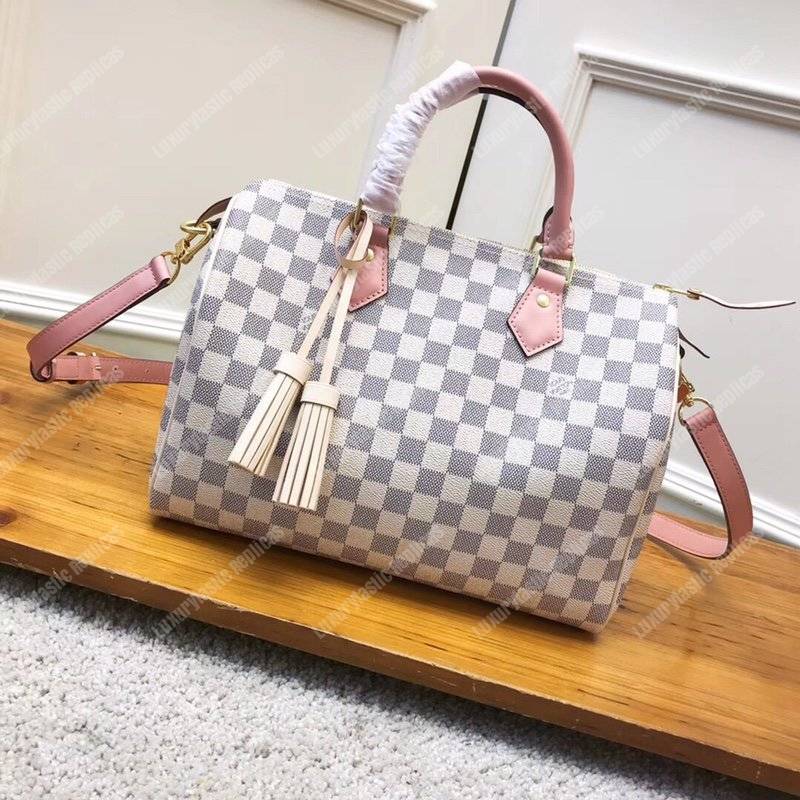 LV Speedy Bandouliere 30 Damier Azur Canvas Rose Ballerine Pink