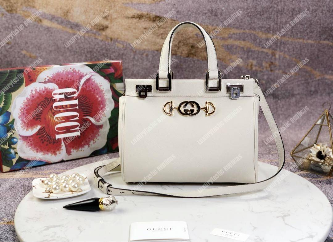 G*u*i zumi grainy leather small top handle bag white