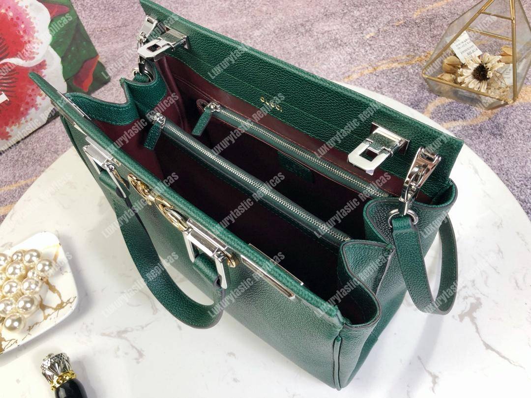 G*u*i zumi grainy leather small top handle bag dark green