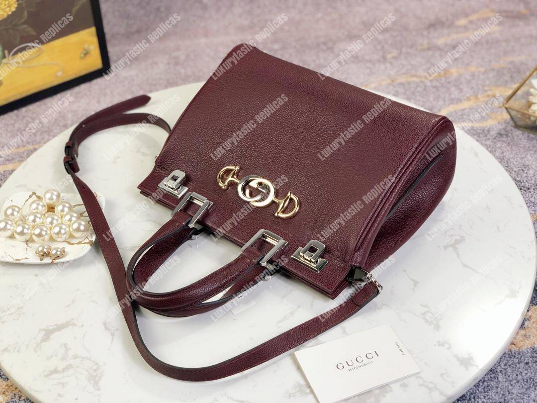 G*u*i zumi grainy leather small top handle bag burgundy