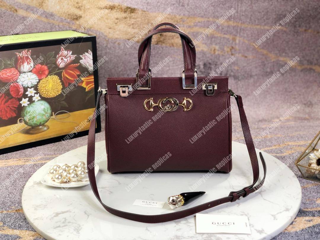 G*u*i zumi grainy leather small top handle bag burgundy