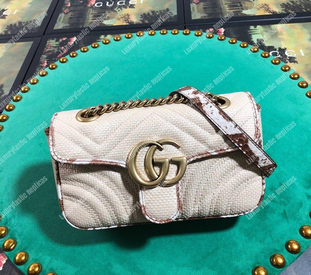 G*u*i gg marmont raffia mini bag cream snakeskin trim