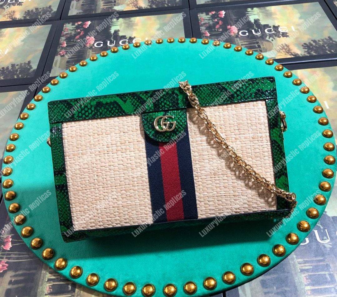 G*u*i online exclusive ophidia straw small shoulder bag green snakeskin trim