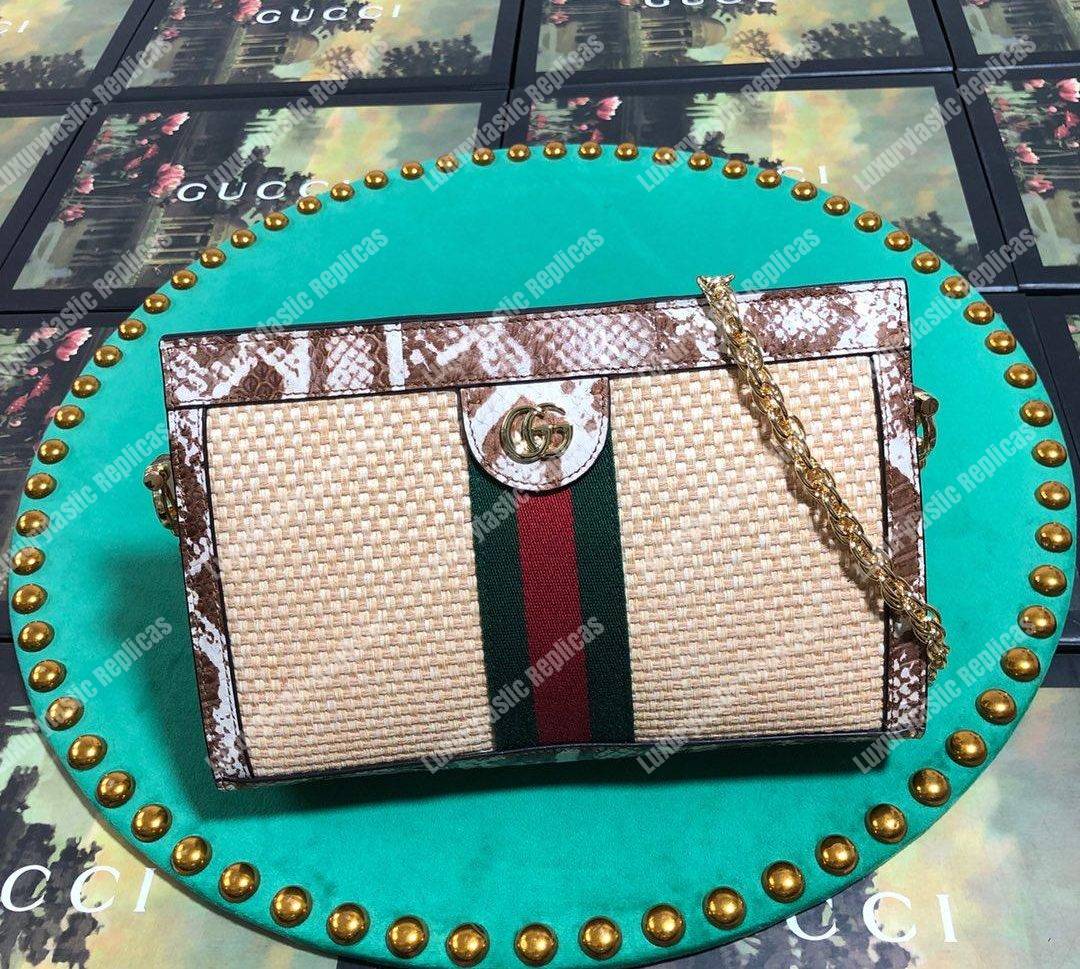 G*u*i online exclusive ophidia straw small shoulder bag cream & brown snakeskin trim