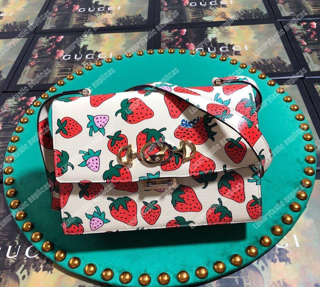 G*u*i zumi strawberry print leather small shoulder bag