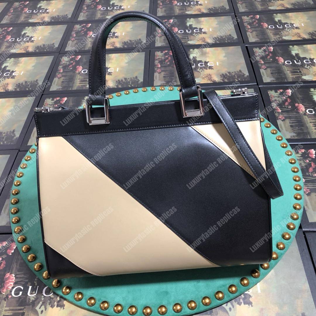 G*u*i zumi diagonal stripe medium top handle bag black beige