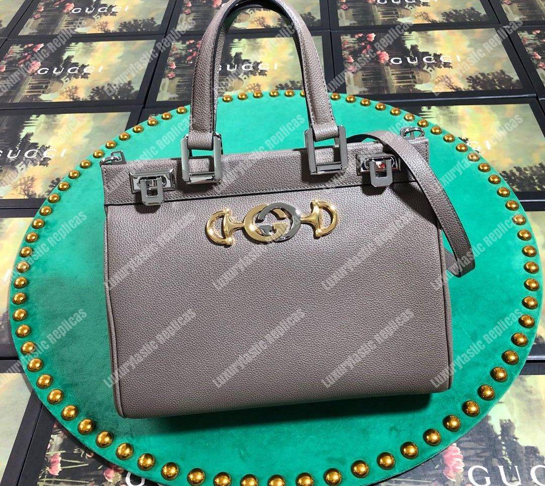 G*u*i zumi grainy leather small top handle bag dusty gray