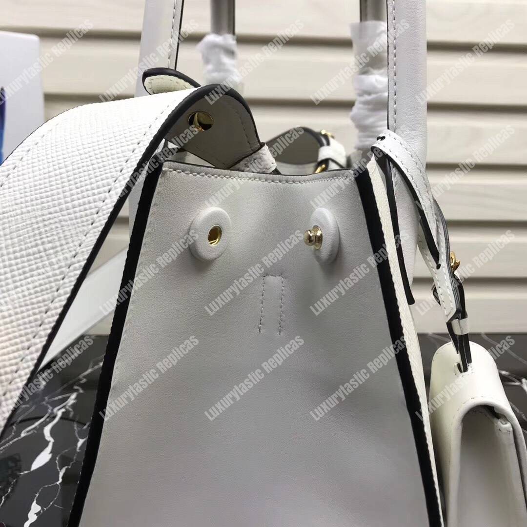 pra*a monoCh*0me saffiano leather bag white
