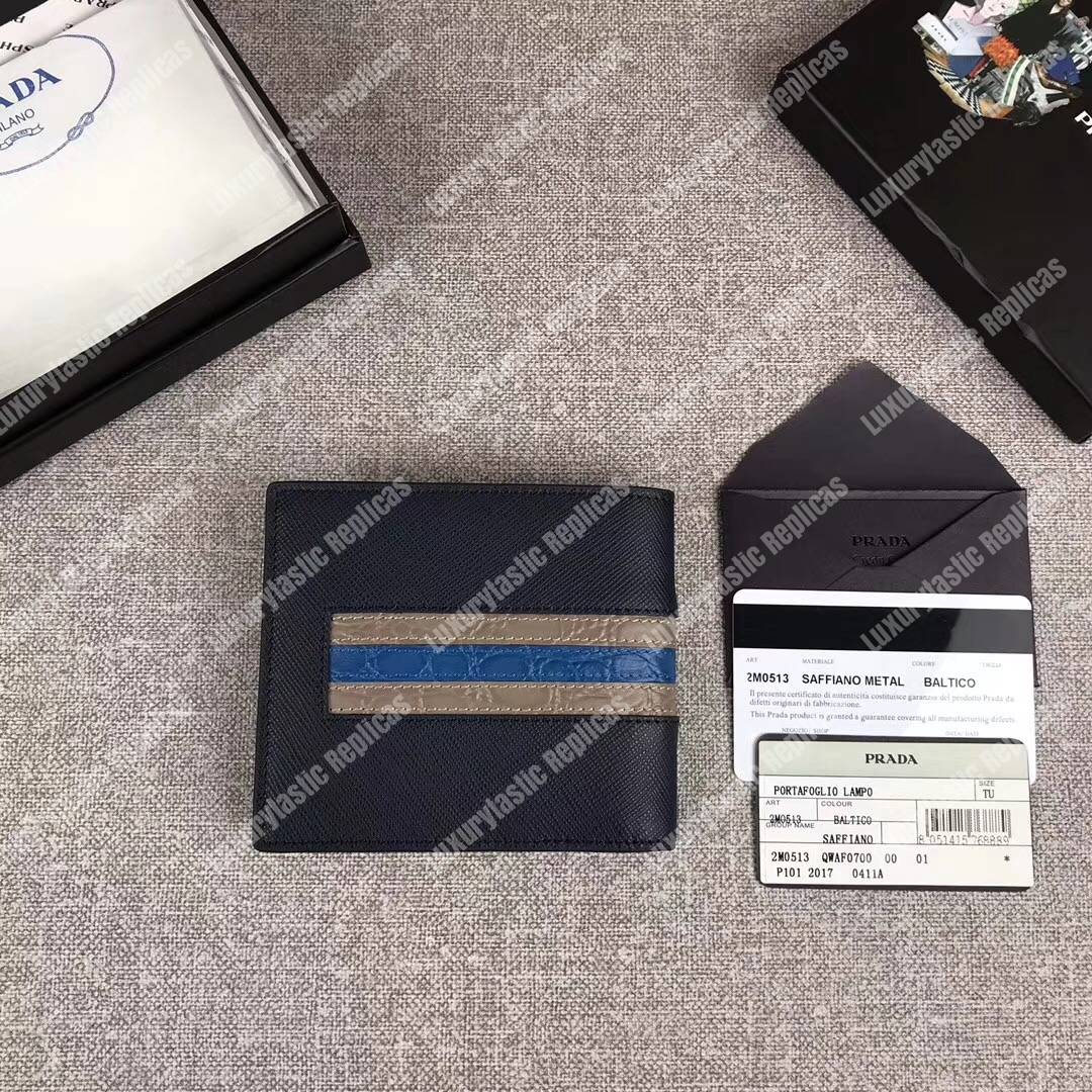 Pra*a saffiano and crocodile leather wallet navy blue grey/dark blue crocodile insert