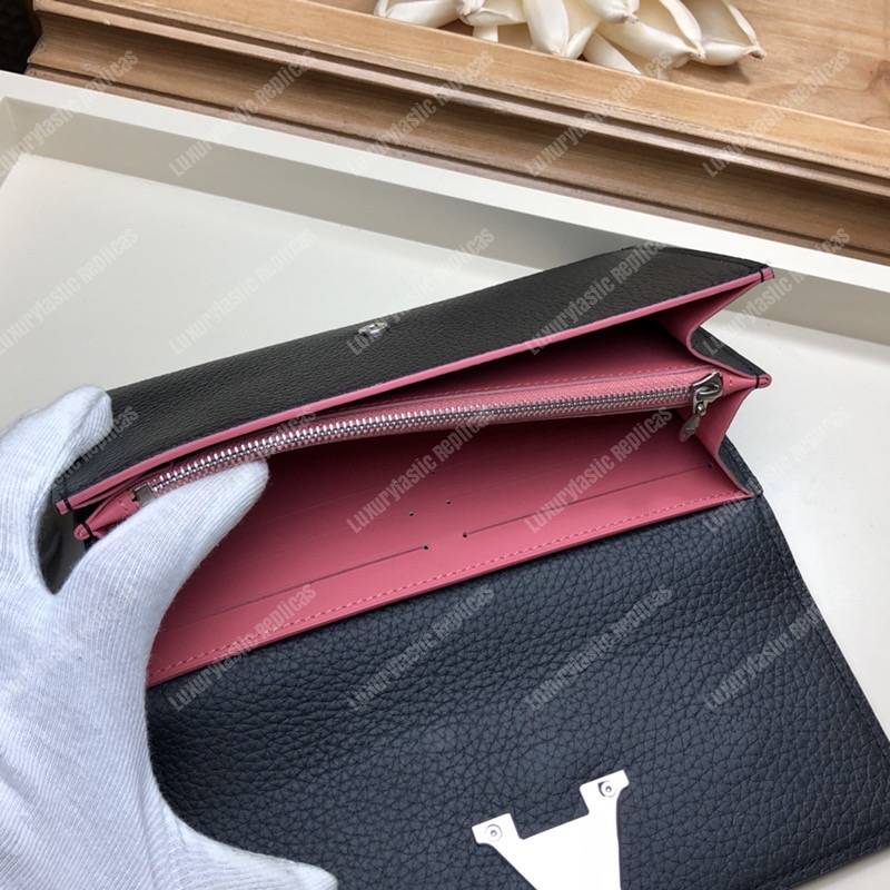 LV Capucines Wallet Taurillon Noir Leather Monogram Pink Flowers