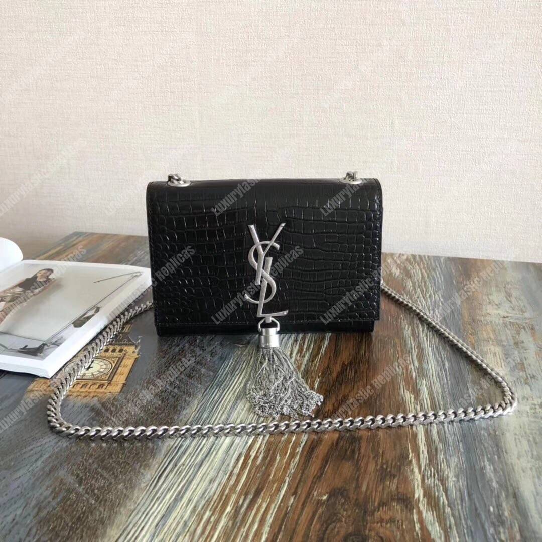 Saint Laurent Classic Small Kate Monogram Black Crocodile