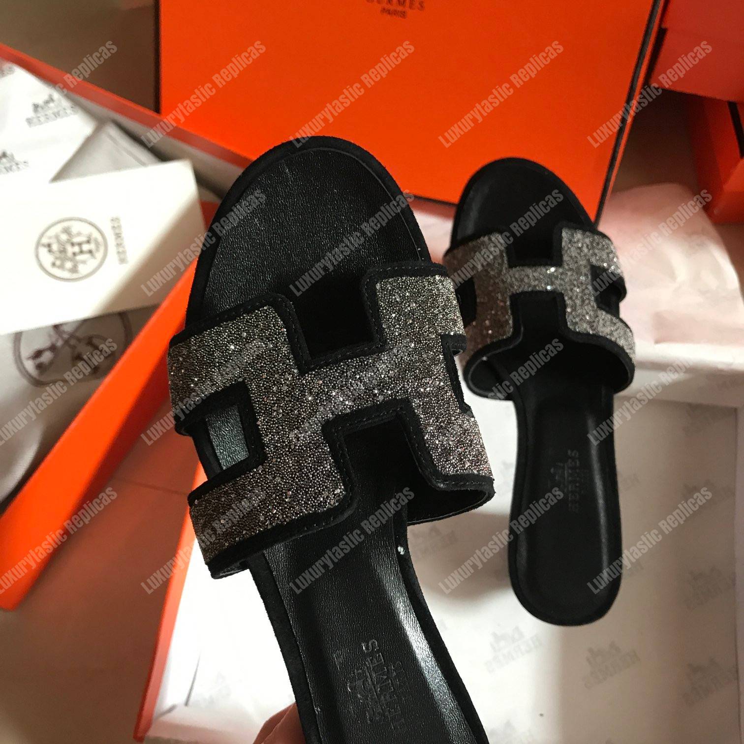 H**mes oran sandal suede goatskin black
