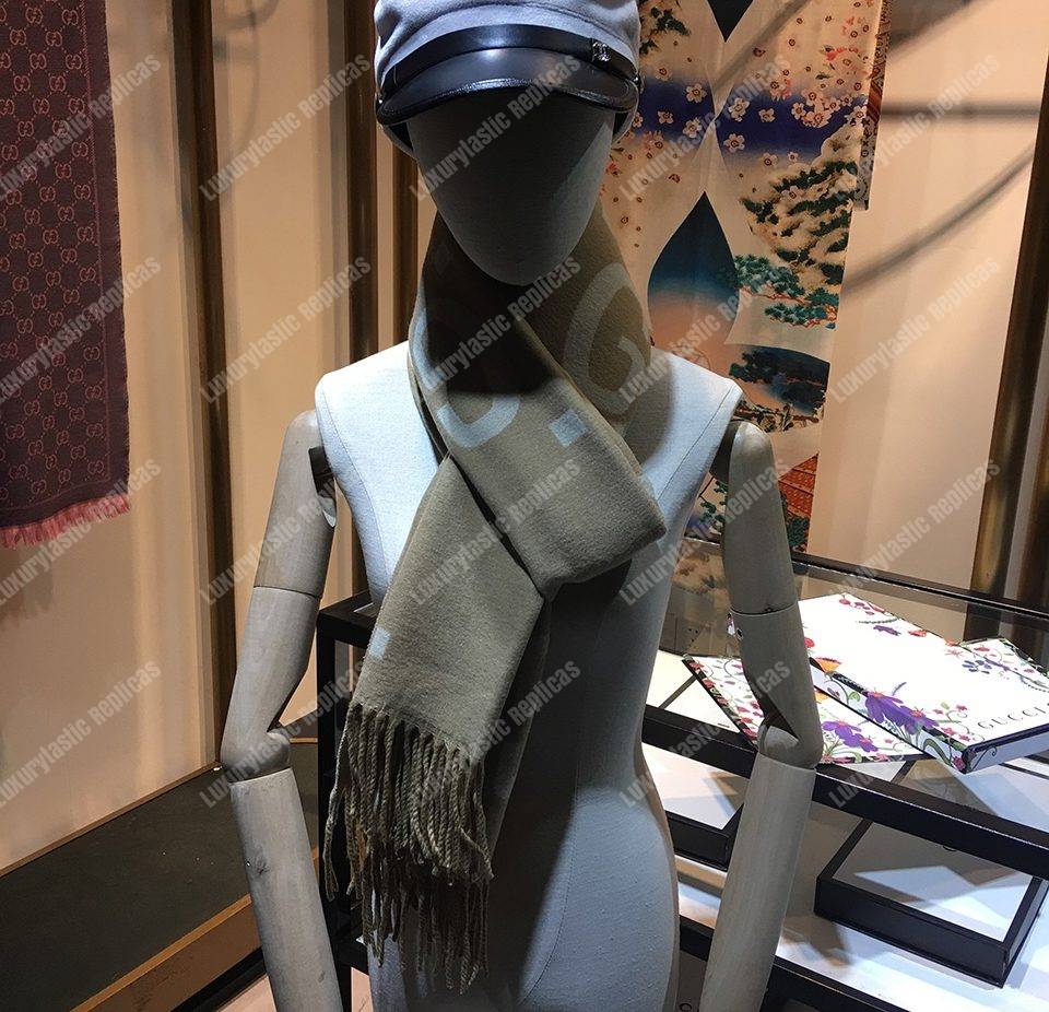 G*u*i gg jacquard wool silk scarf taupe & ivory