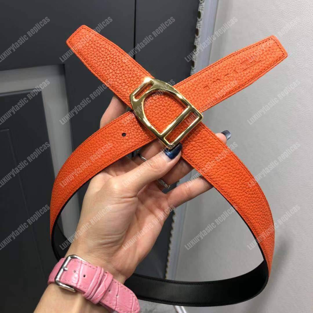 H**mes etrier buckle & reversible leather strap 32 mm noir / orange