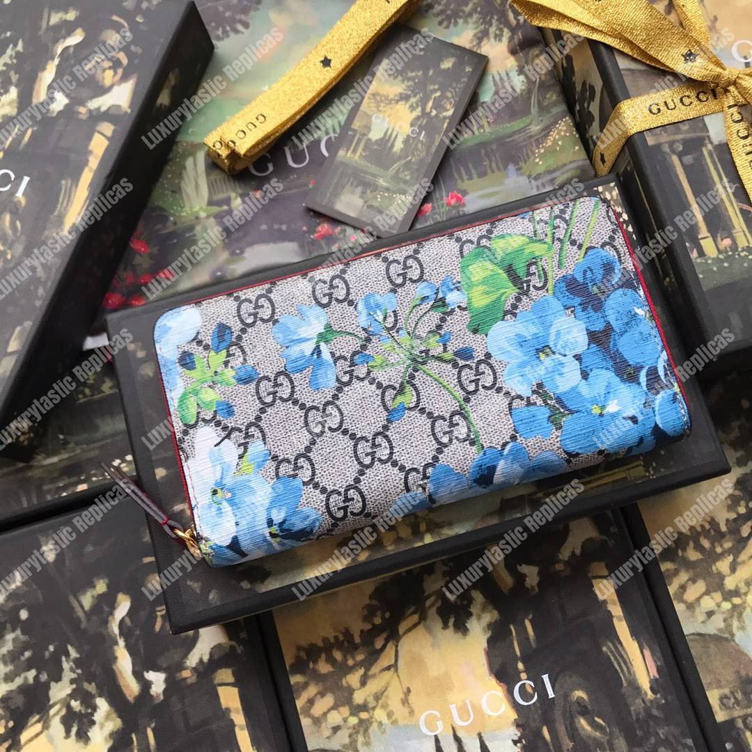 G*u*i gg blue blooms sup*e zip around wallet antique rose