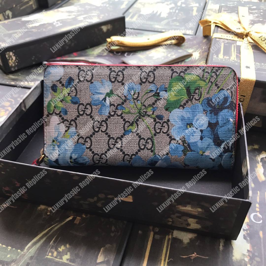 G*u*i gg blue blooms sup*e zip around wallet antique rose