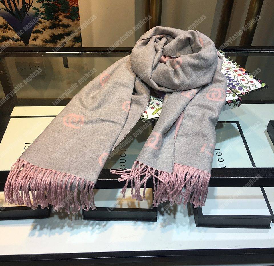 G*u*i wool scarf double g pattern pink grey
