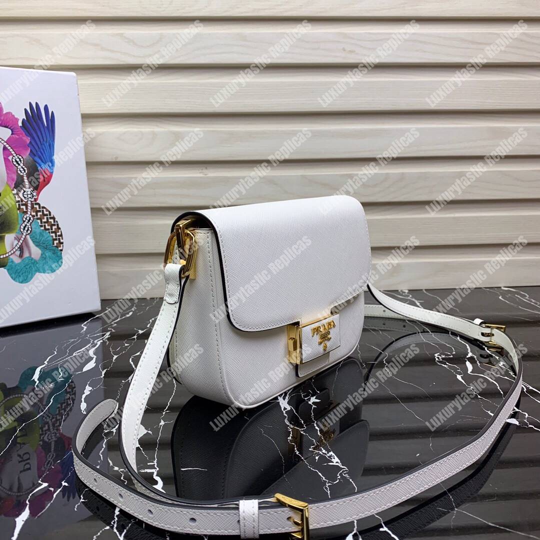 Pra*a emblème saffiano leather bag white