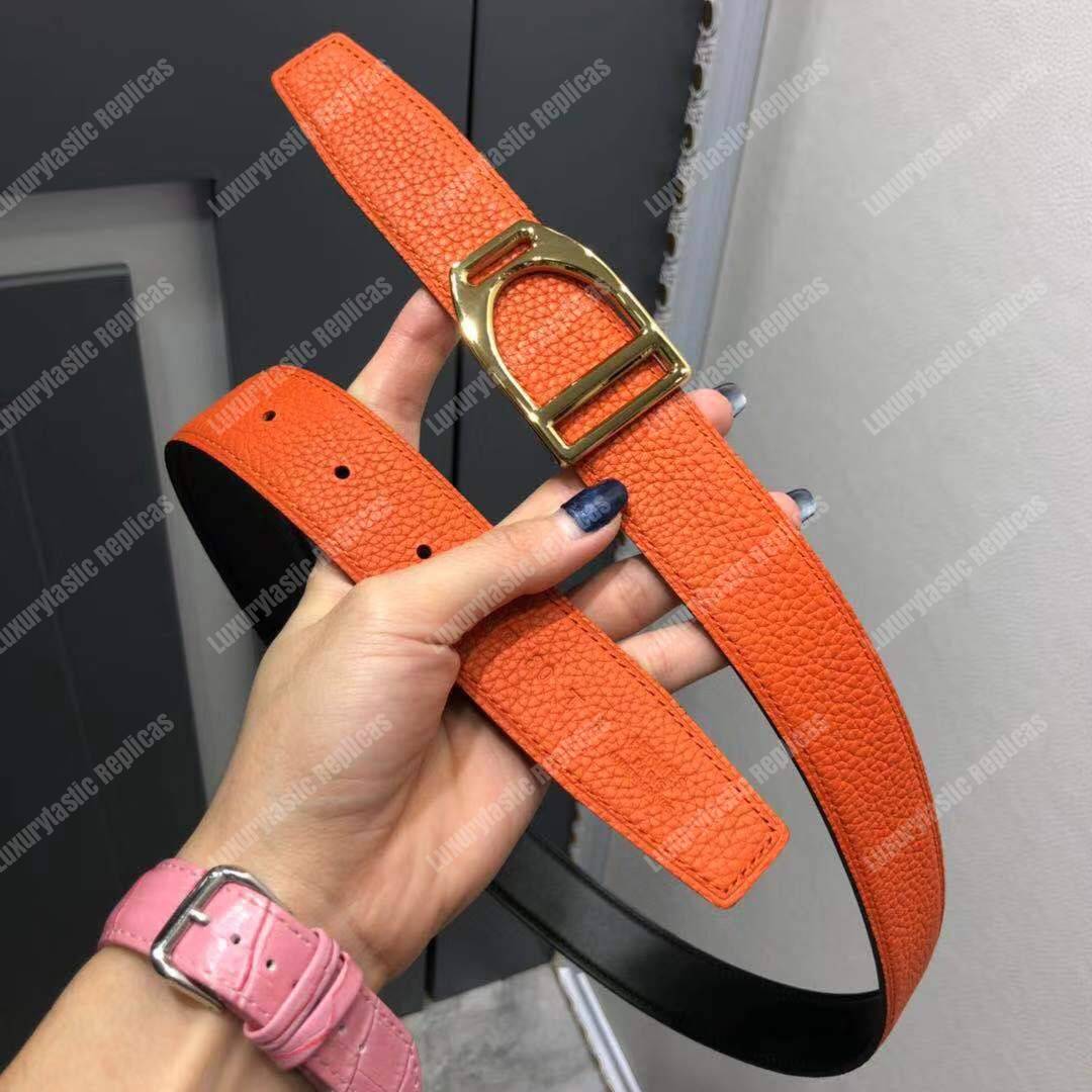 H**mes etrier buckle & reversible leather strap 32 mm noir / orange