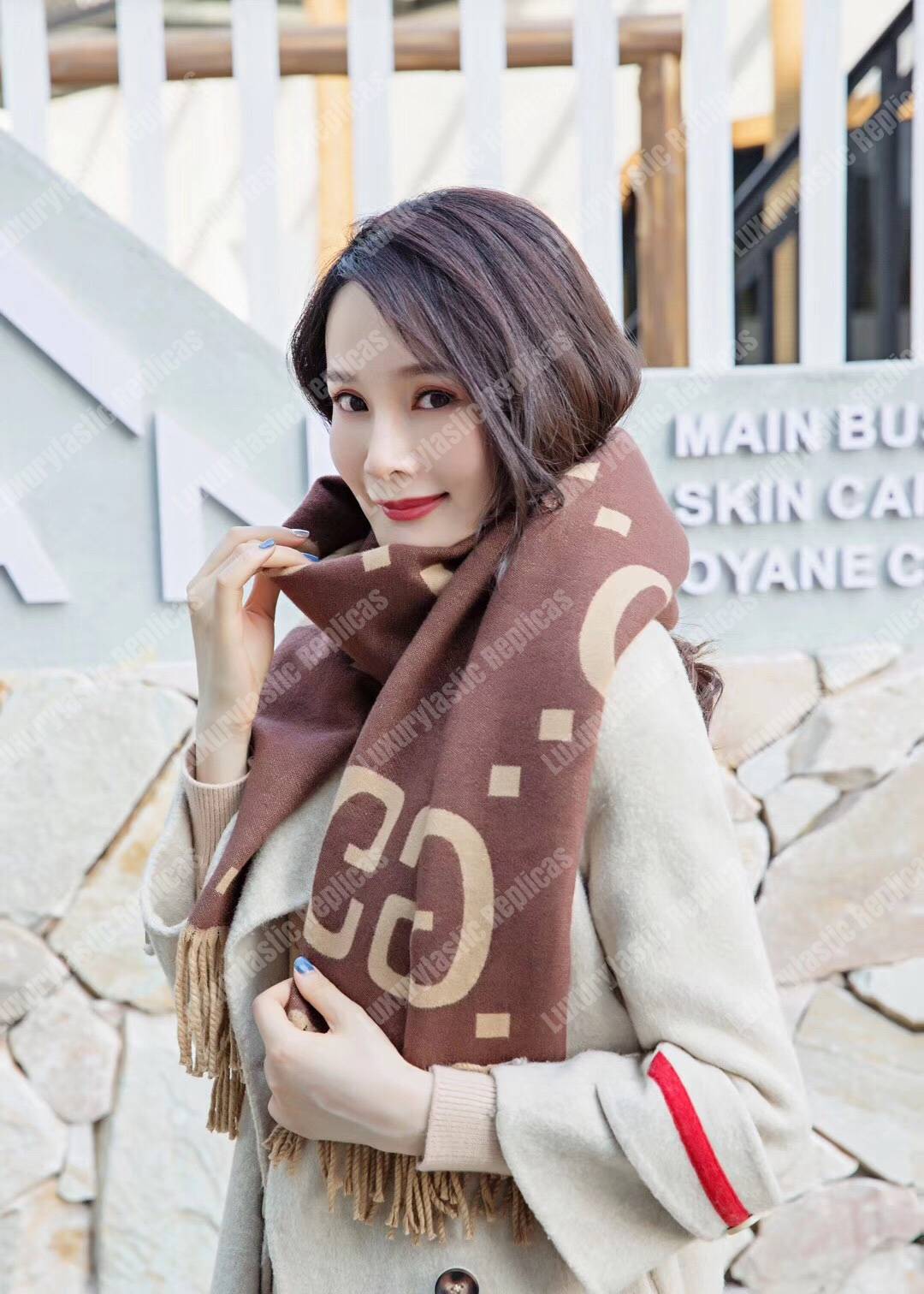 G*u*i gg jacquard wool silk scarf brown & beige