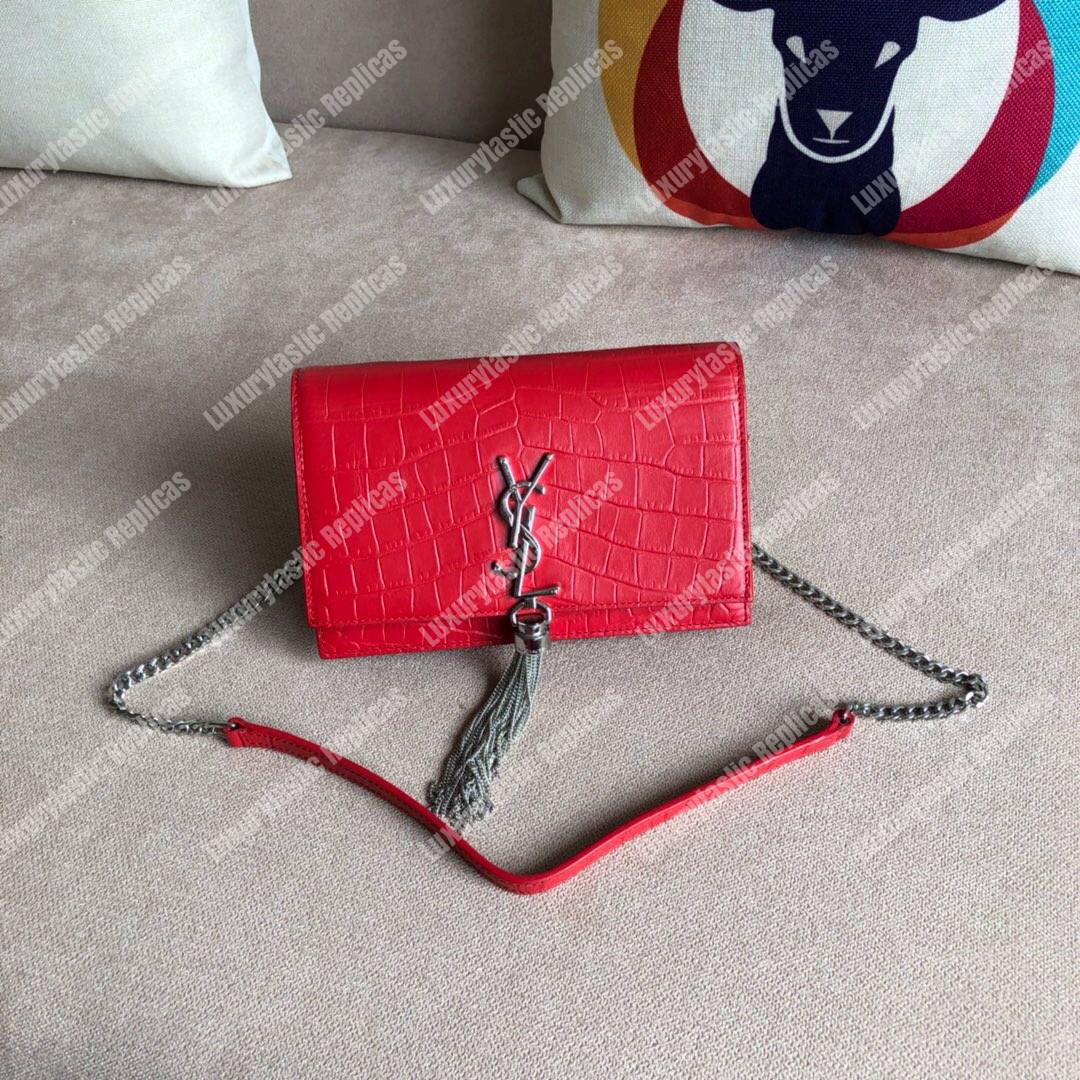 Saint Laurent Kate Chain Wallet With Tassel Red Crocodile