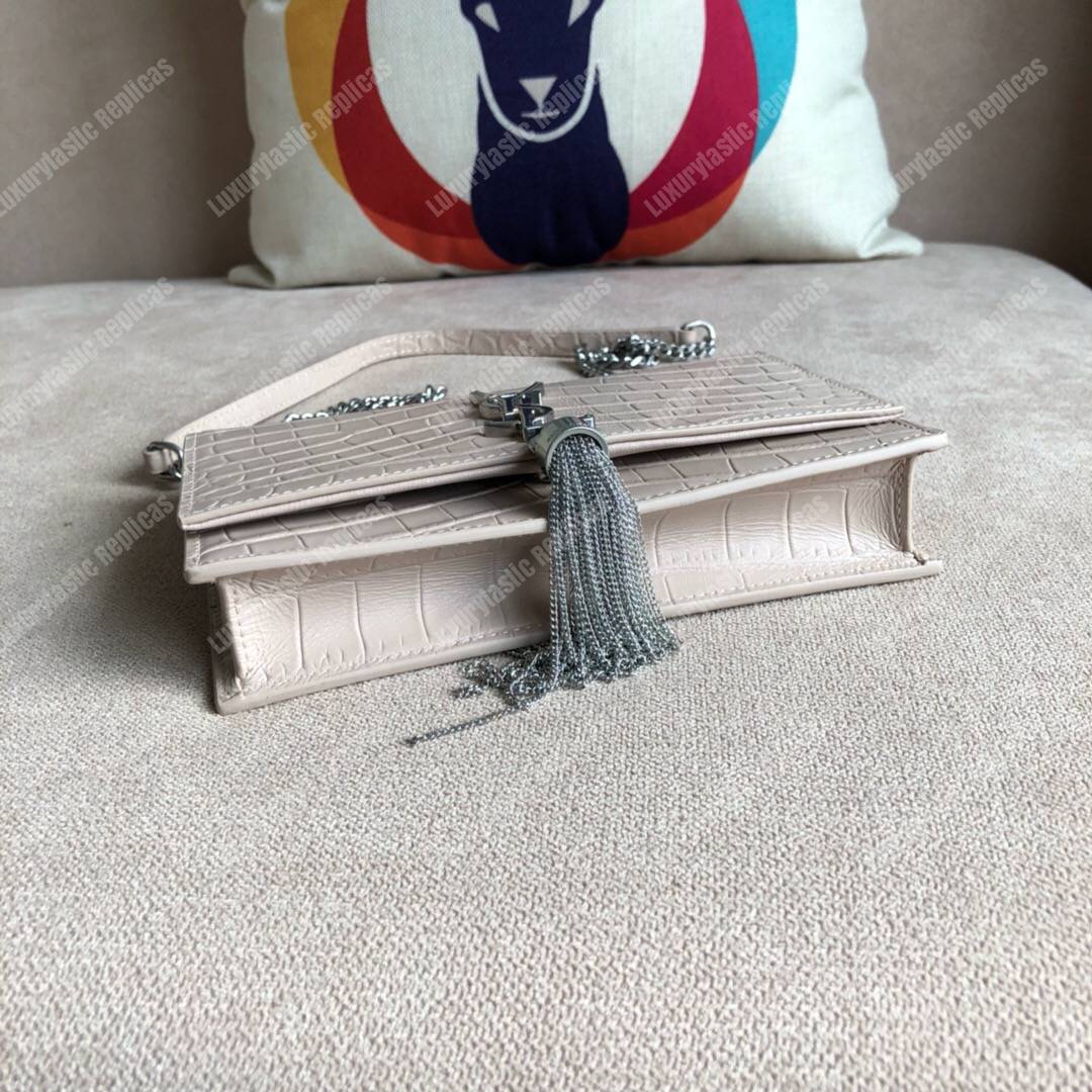 Saint Laurent Kate Chain Wallet With Tassel Ivory Crocodile