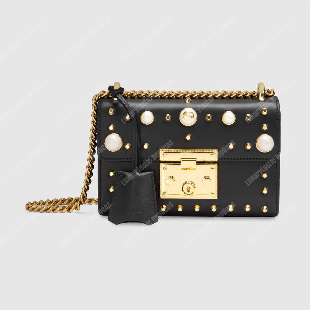 G*u*i padlock shoulder bag black with pearls