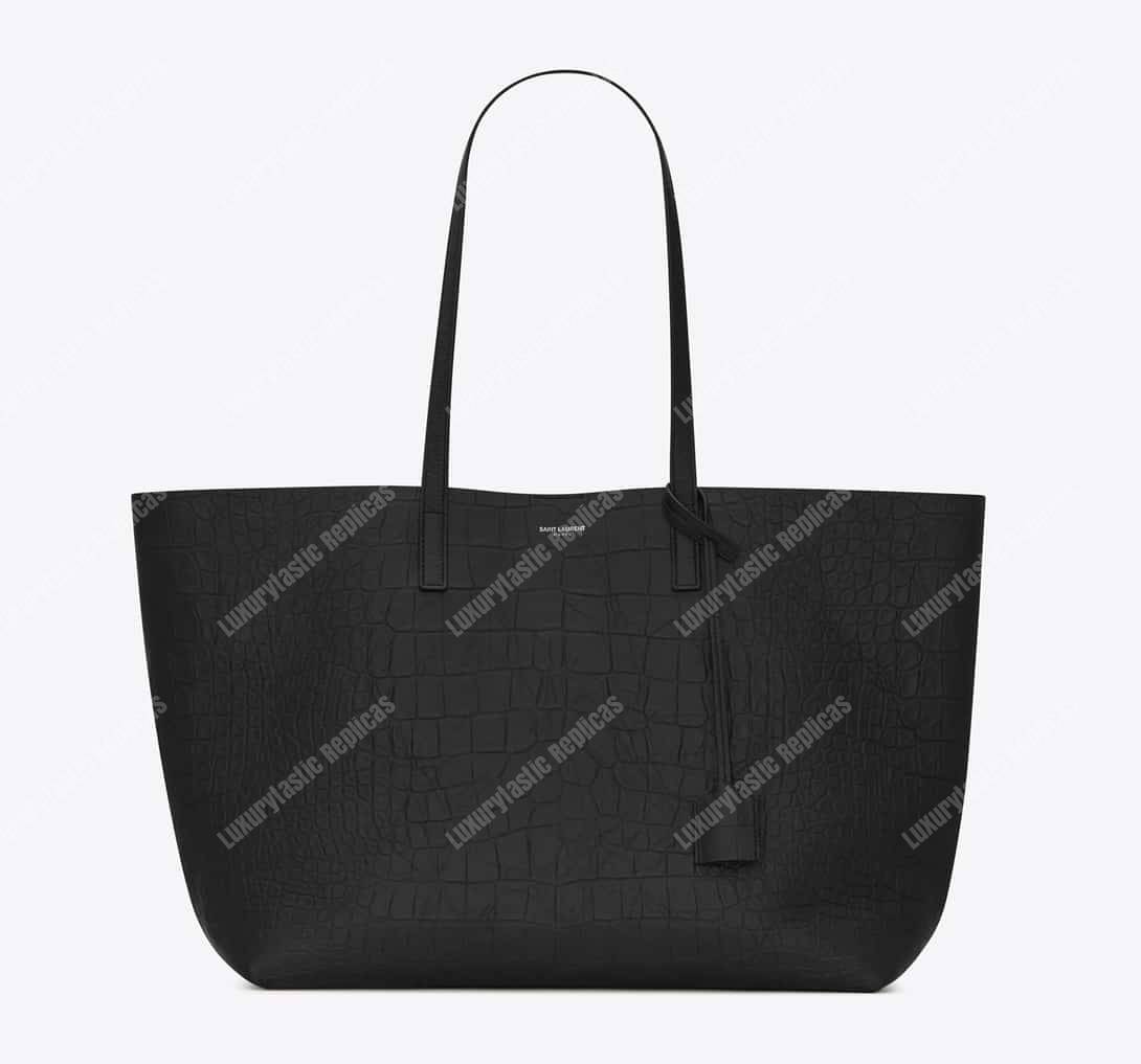 Saint Laurent Shopping Bag Embossed Crocodile Leather Black