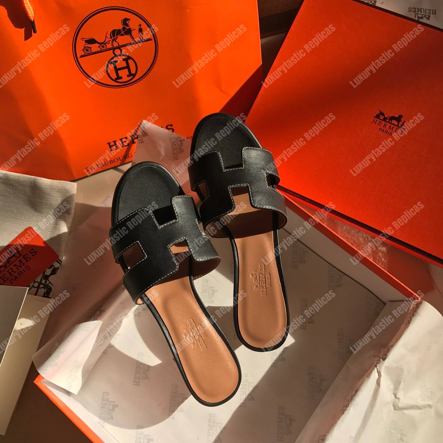 H**mes oran sandal calfskin leather black