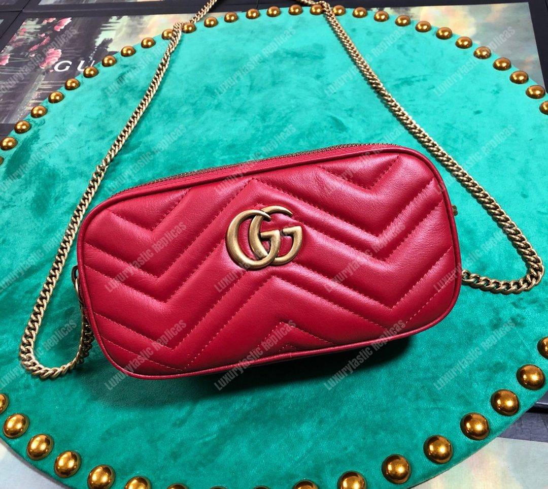 G*u*i gg marmont mini chain bag 3 zips hibiscus red