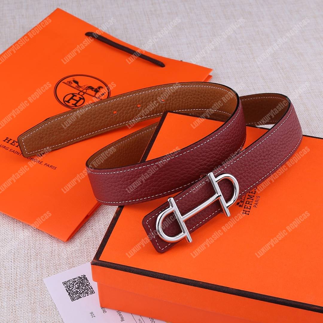 H**mes gamma belt buckle & sellier reversible leather strap gold/rouge