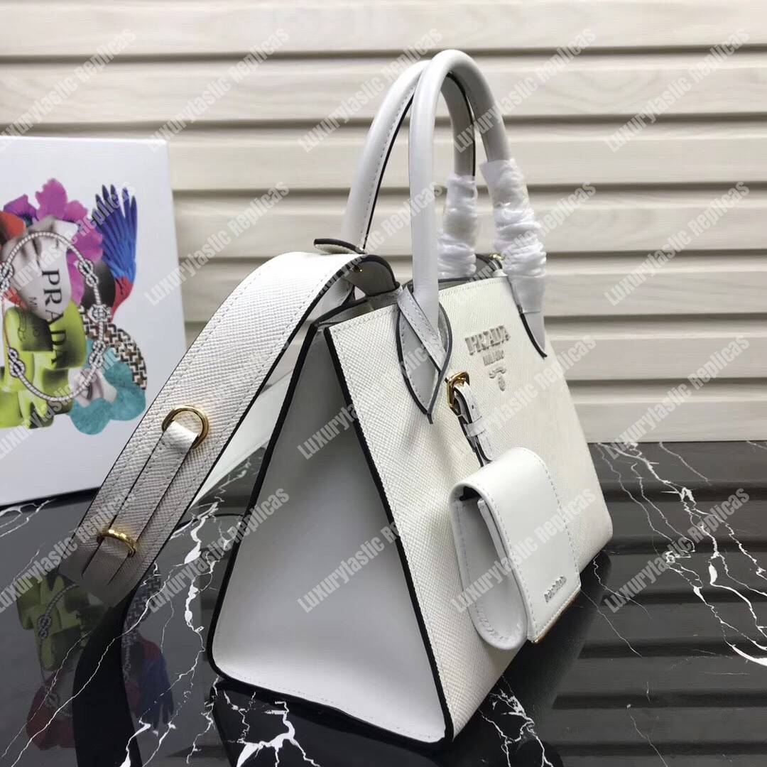 pra*a monoCh*0me saffiano leather bag white