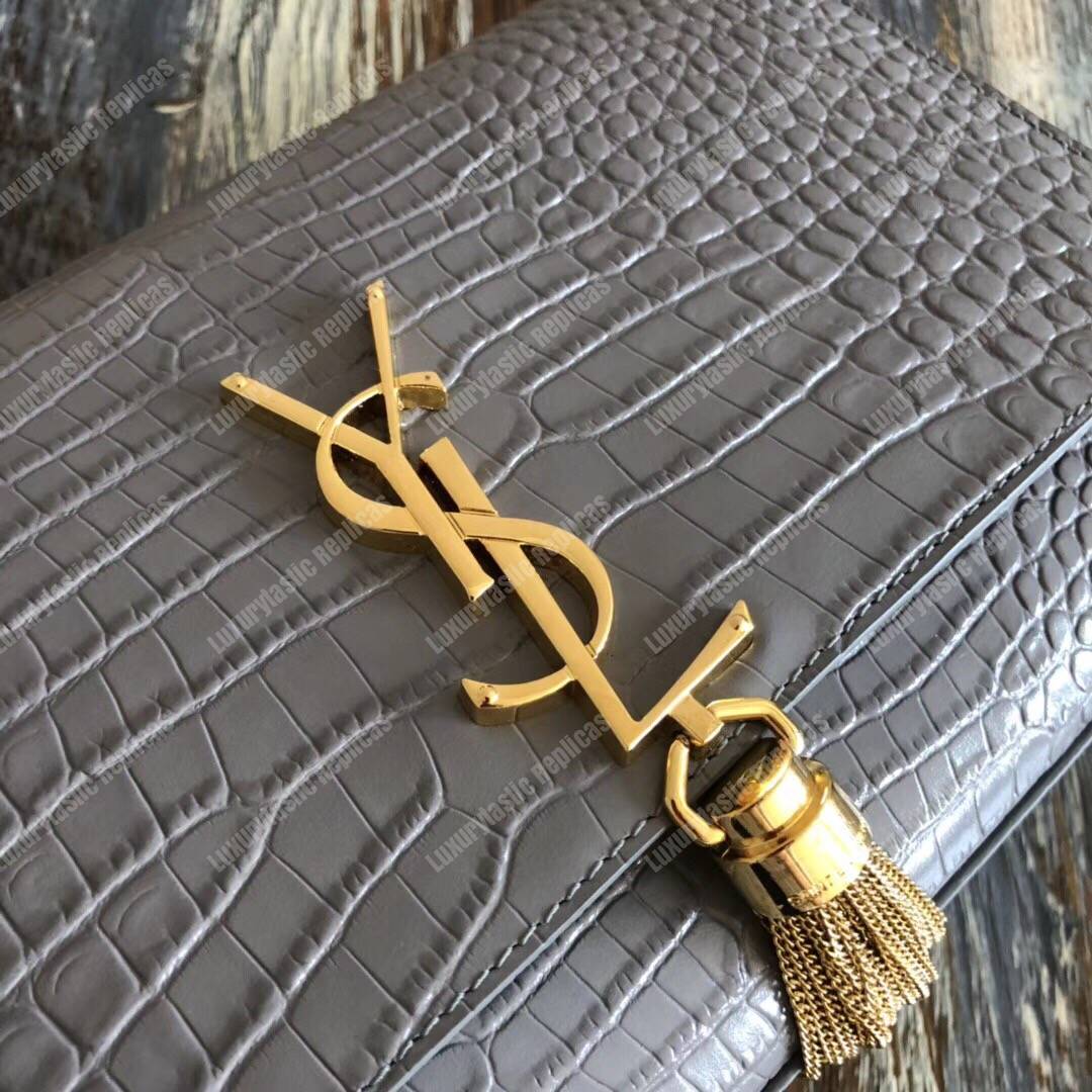 Saint Laurent Medium Kate Tassel Chain Bag Earth Grey Crocodile