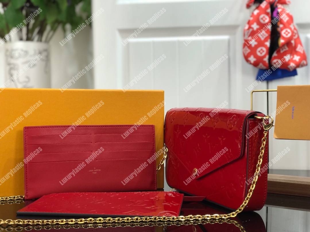 LV Pochette Felicie Monogram Vernis Leather Cerise