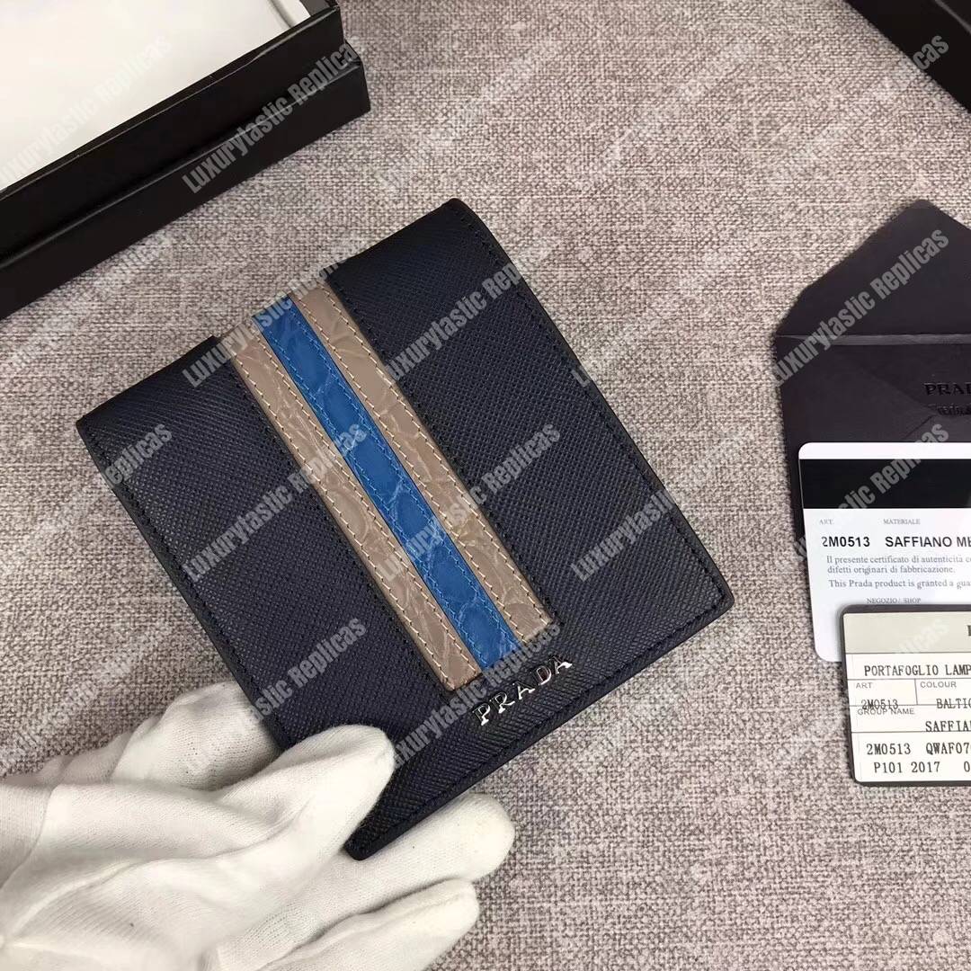 Pra*a saffiano and crocodile leather wallet navy blue grey/dark blue crocodile insert
