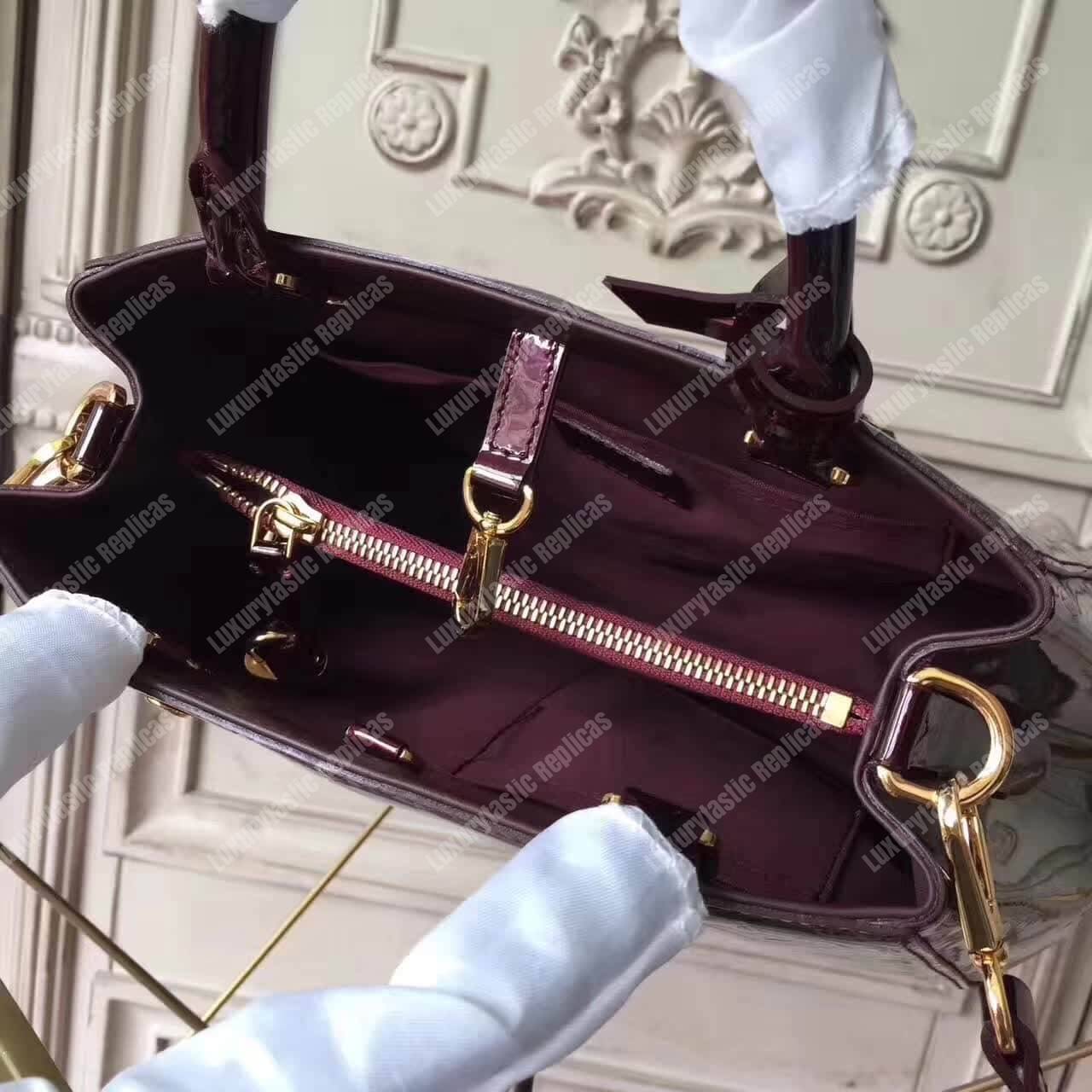 LV Montaigne BB Tote Bag Monogram Vernis Amarante