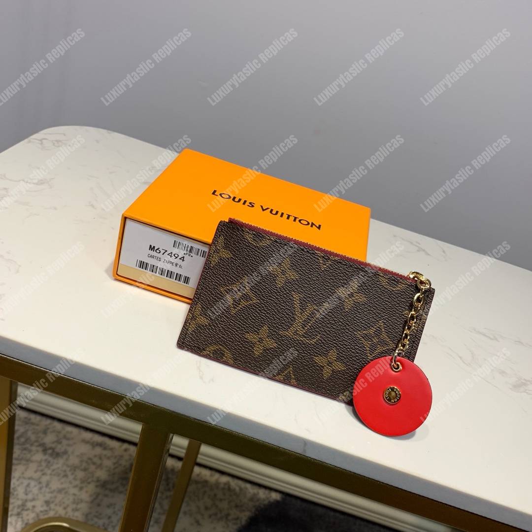 LV Zipped Card Holder Monogram canvas with colorful grained-leather trim Rose Ballerine Red