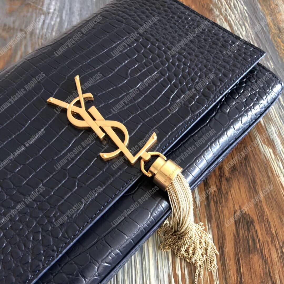 Saint Laurent Medium Kate Tassel Chain Bag Navy Crocodile