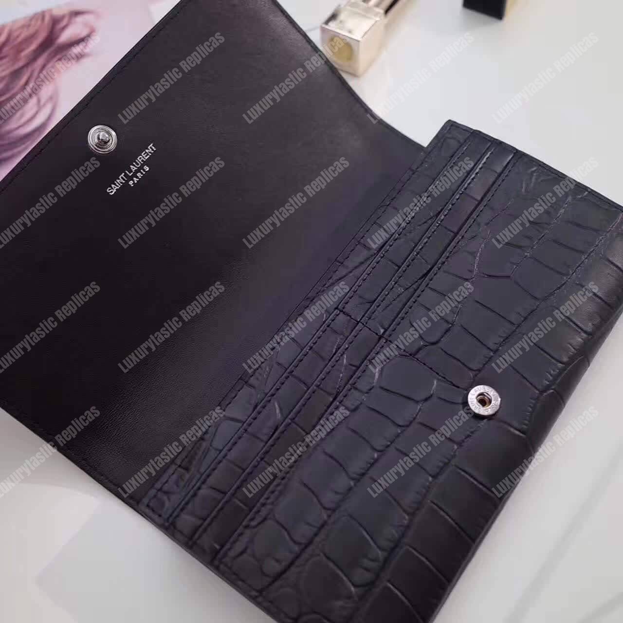 Saint Laurent Large Flap Wallet In Black Crocodile Embossed Shiny