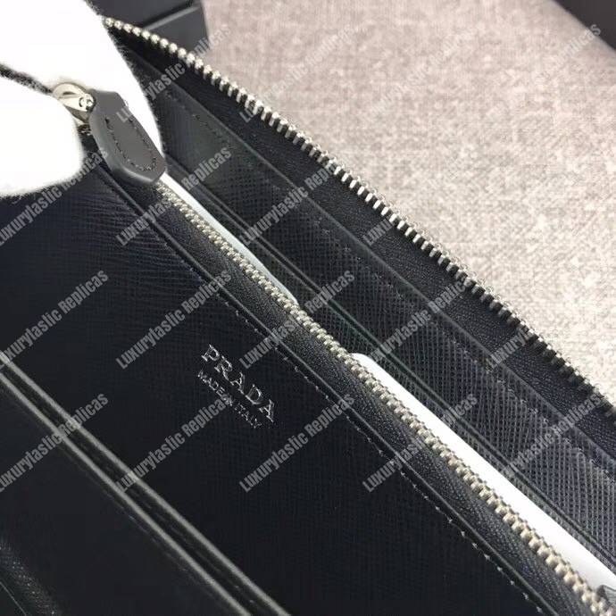 Pra*a large saffiano leather wallet black silver hardware