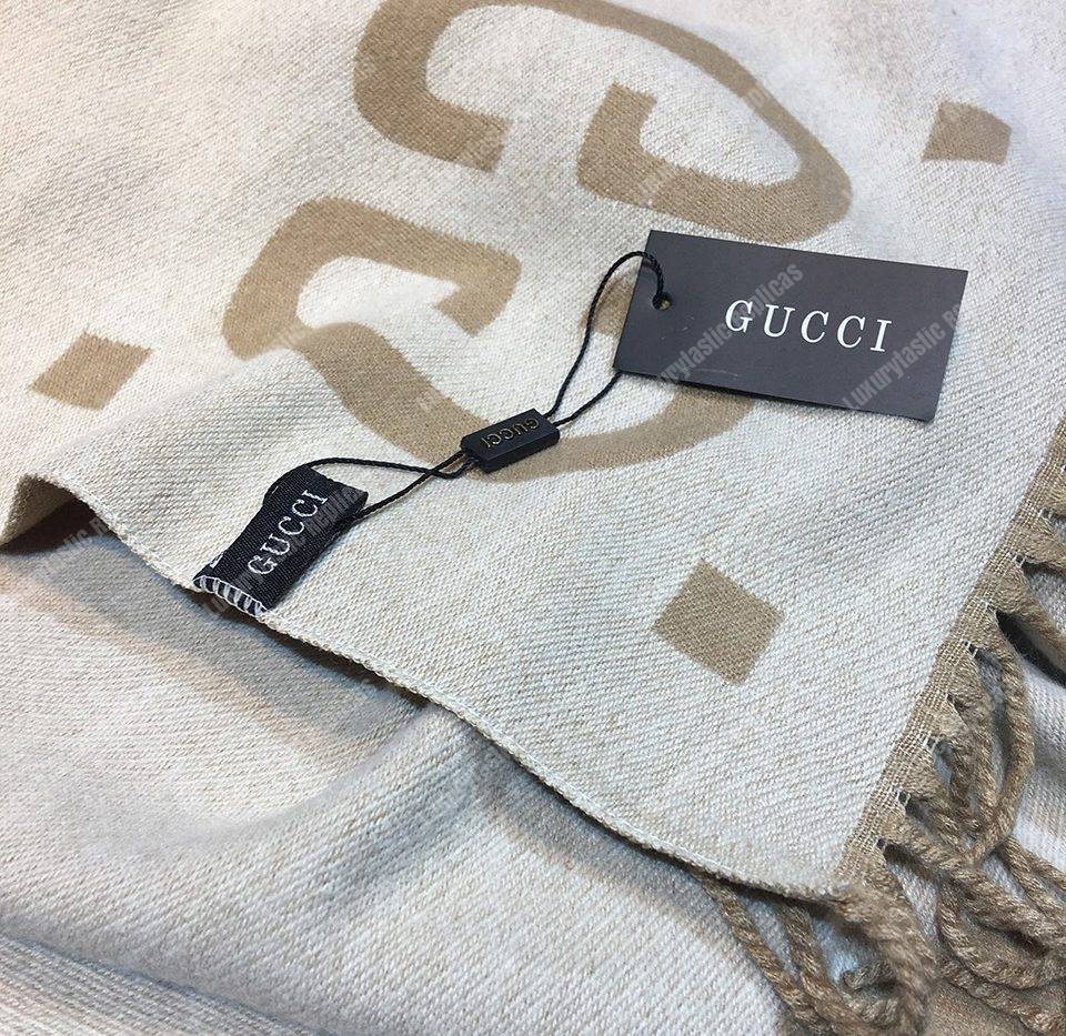 G*u*i gg jacquard wool silk scarf taupe & ivory