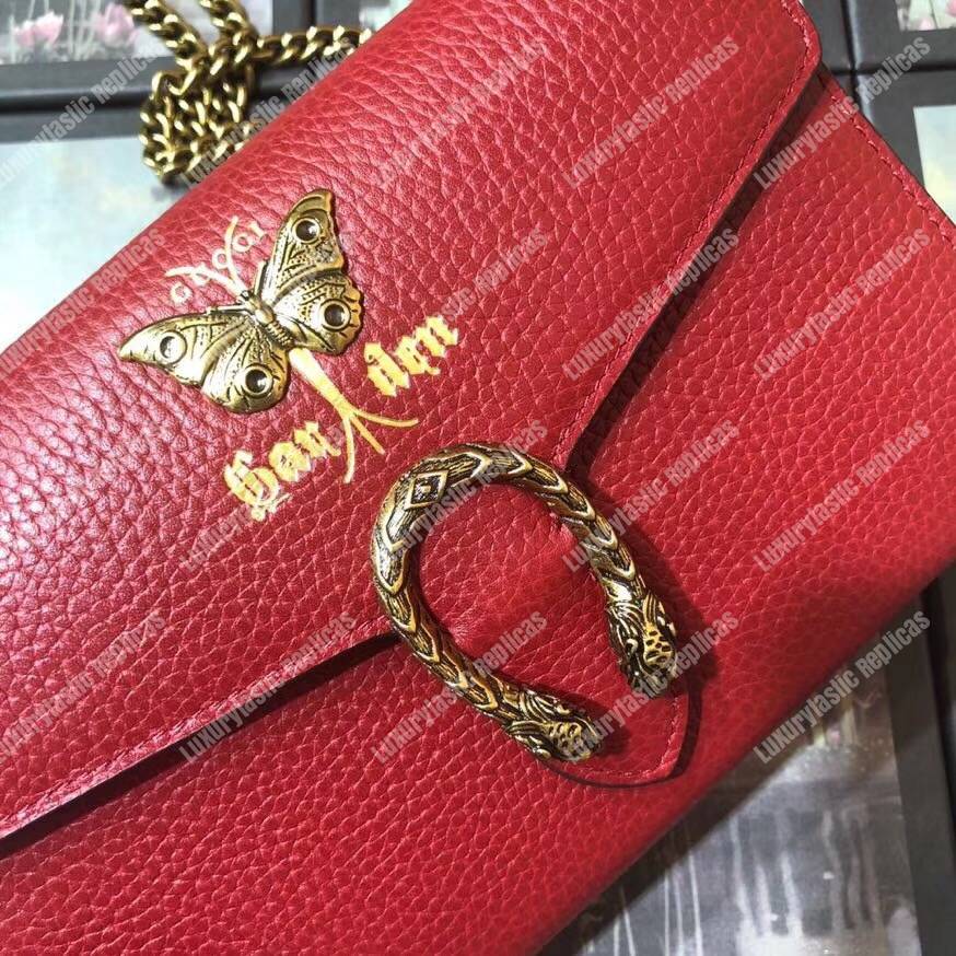 G*u*i calfskin garden dionysus chain wallet red with butterfly