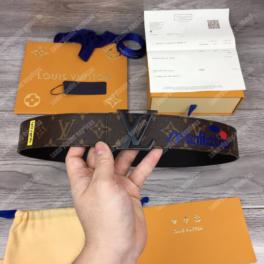 LV Brown Initiales With Printed Stickers 40MM Reversible Leather Belt Black Hardware