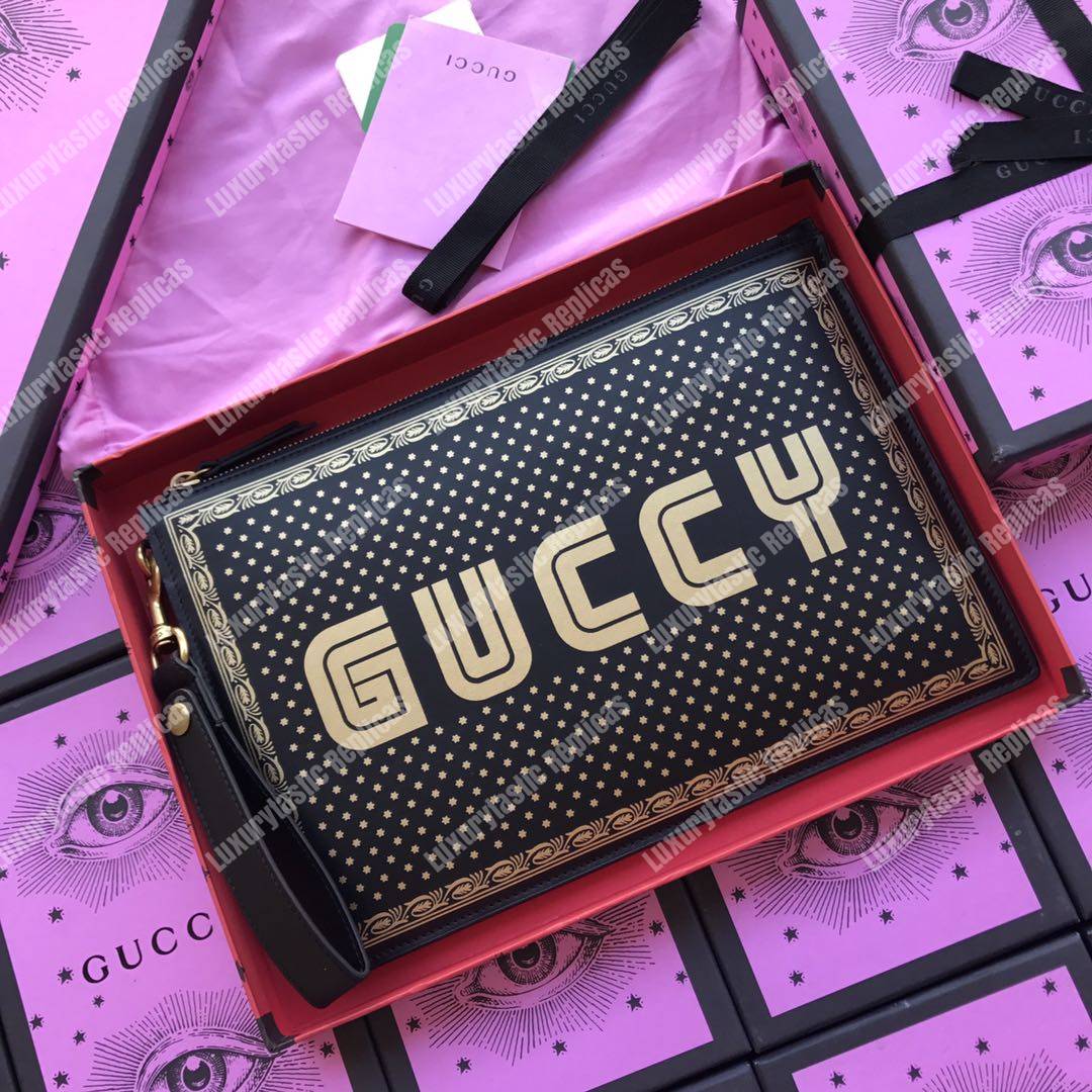 g*u*i G*u*iy print leather pouch bag black
