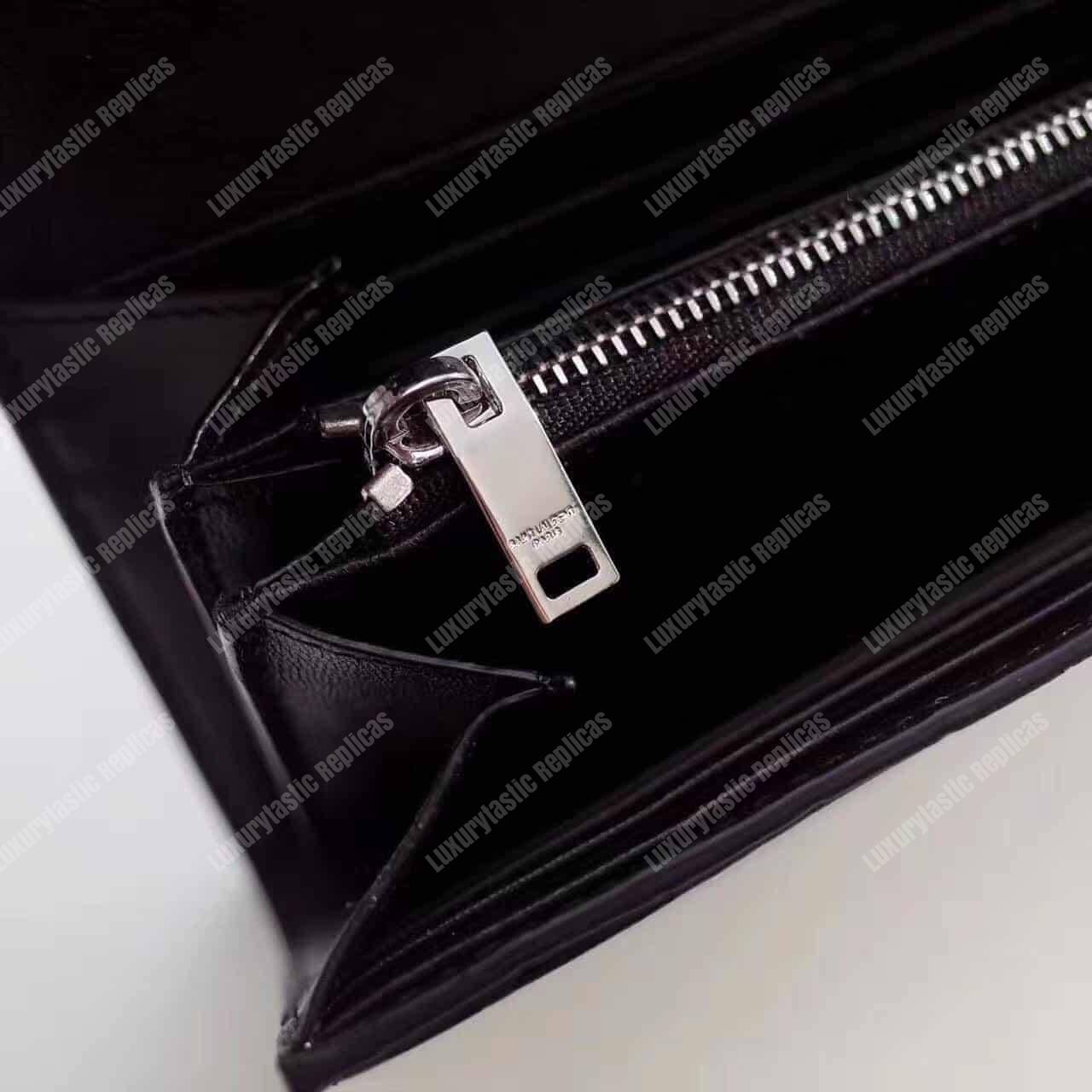 Saint Laurent Large Flap Wallet In Black Crocodile Embossed Shiny