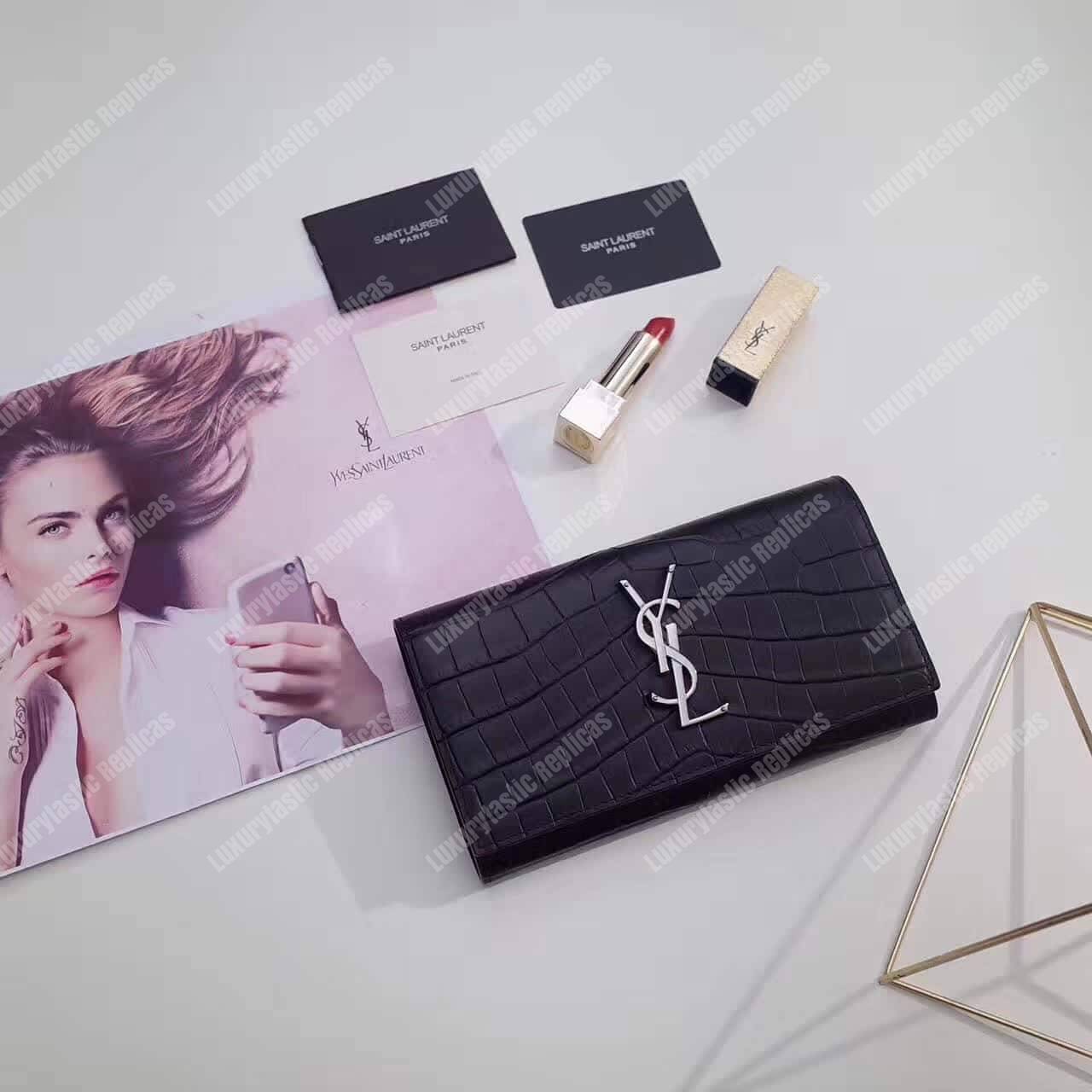 Saint Laurent Large Flap Wallet In Black Crocodile Embossed Shiny