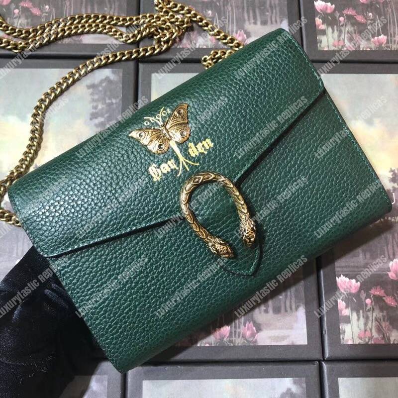 G*u*i calfskin garden dionysus chain wallet green with butterfly